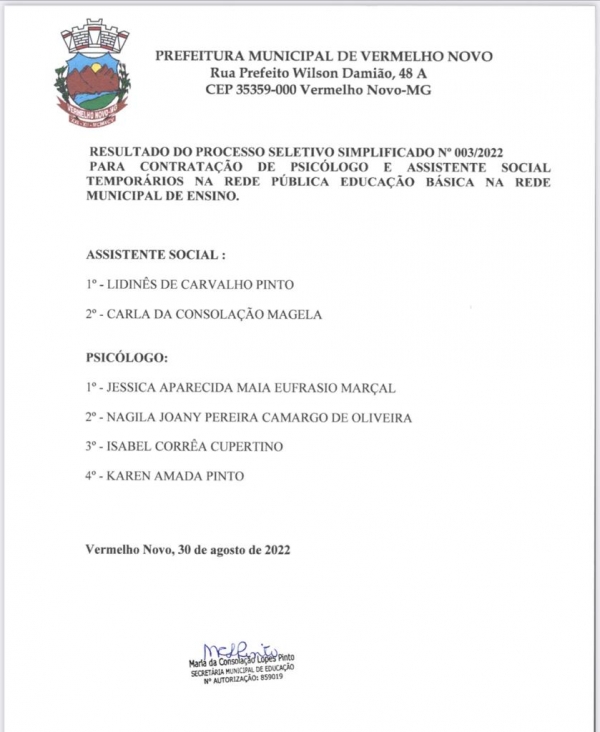 Resultado do Processo Seletivo Simplificado 003/2022. Para contratação de Psicologo e Assistente Social Temporário, da Rede Pública de Ensino.