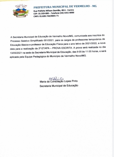 Secretaria Municipal de Educação de Vermelho Novo MG, Comunica aos inscritos do processo seletivo Simplificado 01/2021, data para realização da segunda etapa, prova escrita.