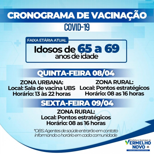 Iniciaremos na próxima quinta-feira,08 de abril, a vacinação em idosos de 65 a 69 anos de idade contra COVID-19. Fique atento ao cronograma e para maiores informações entre em contato com seu agente de saúde.